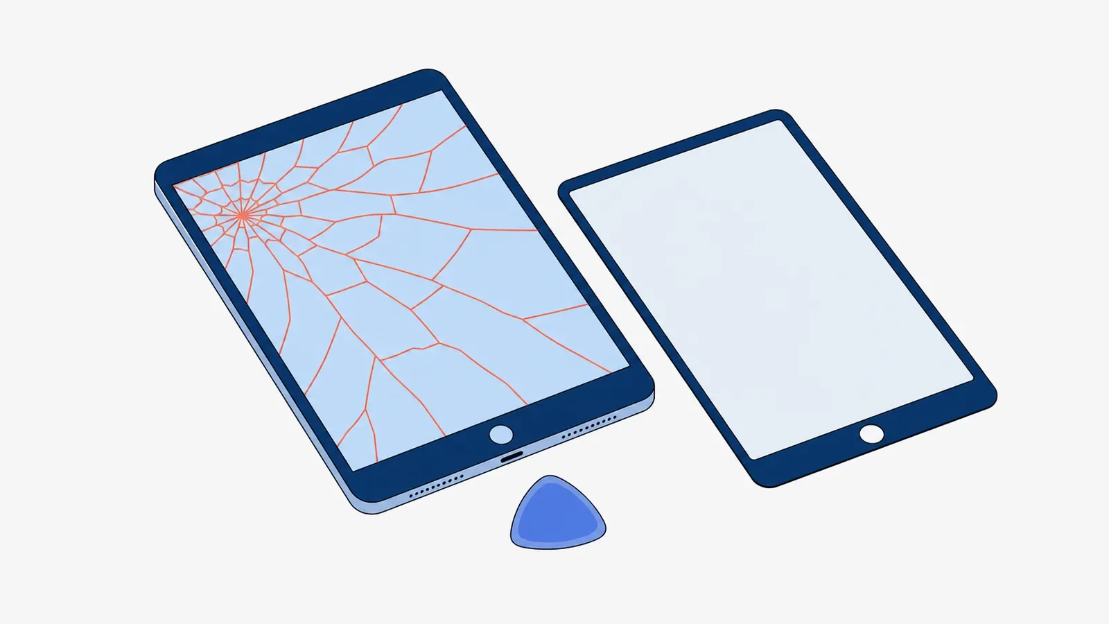 Tablet z przyciskiem Home i szybką pękniętą od lewego górnego rogu, obok nowa szybka tego samego rozmiaru i plastikowa kostka do otwierania