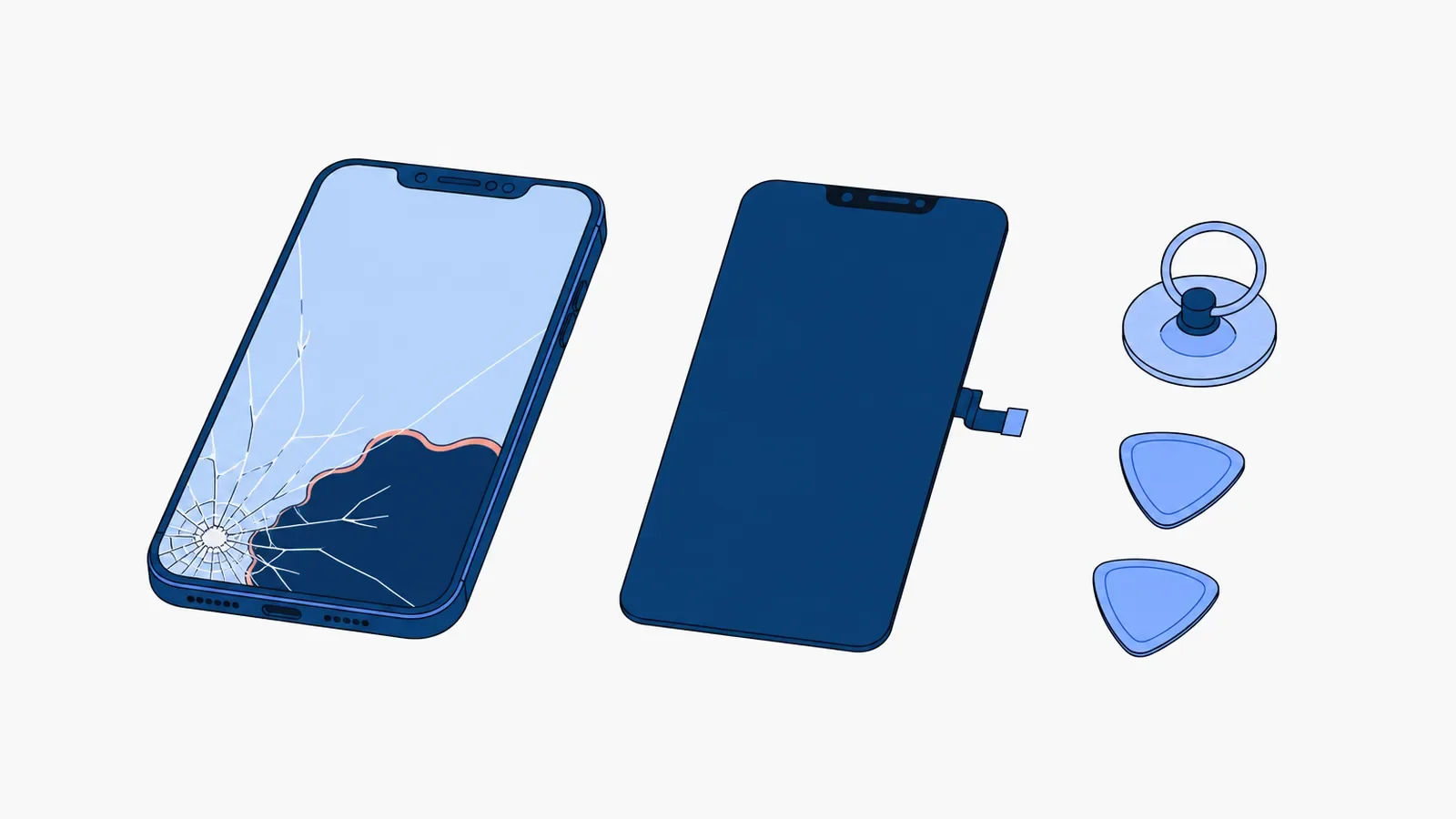 Smartfon z szybką pękniętą od lewego dolnego rogu i ciemną plamą na dolnej części ekranu, obok nowy wyświetlacz tej samej wielkości z taśmą, a z prawej przyssawka i dwie plastikowe kostki do otwierania