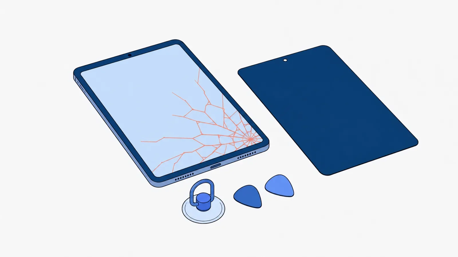 Tablet z szybką pękniętą od prawego dolnego rogu, obok nowy ekran zamienny, przyssawka i dwie plastikowe kostki do otwierania