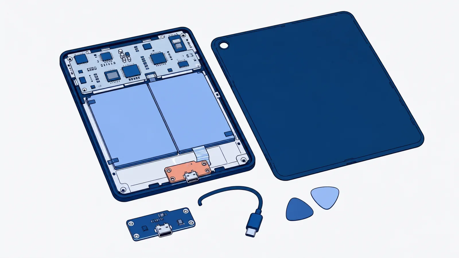 Otwarty tablet z dwoma ogniwami baterii, płytą główną u góry i osobną płytką z gniazdem USB-C na dole, obok zdjęta tylna pokrywa, nowa płytka z gniazdem, kabel USB-C i dwie plastikowe kostki do otwierania