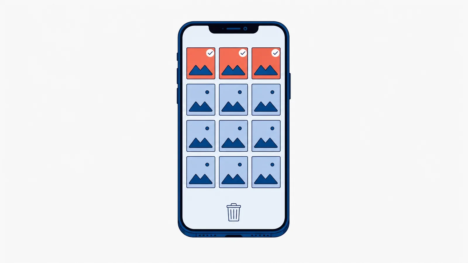 Smartfon widziany z góry, na ekranie siatka dwunastu miniatur zdjęć, z których trzy w górnym rzędzie są zaznaczone na koralowo, a na dole ekranu ikona kosza